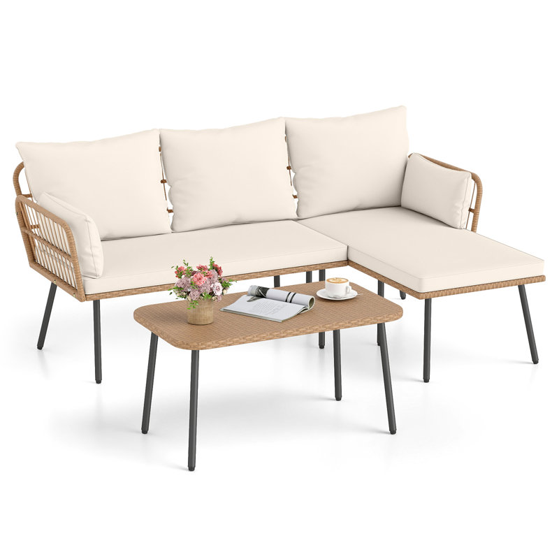 Ensemble de meubles de patio en L 3 pièces avec table basse, coussins amovibles jaune et blanc cassé / brun clair / beige