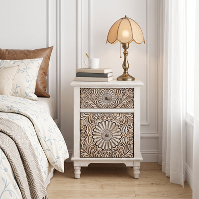 Loftis 18.4" W Carved Nightstand with Soft-Close Drawer and Cabinet