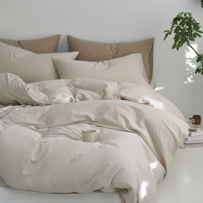 MooMee Duvet Cover Set with Zipper Closure & 8 Interior Ties 100% Washed Cotton Twill Soft Linen Like Textured, Cream Gray