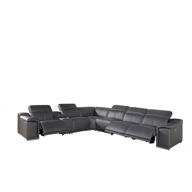 Harwyn 138" Wide Genuine Top Grain Italian Leather Symmetrical Reclining Corner Sectional, Gray Genuine Leather