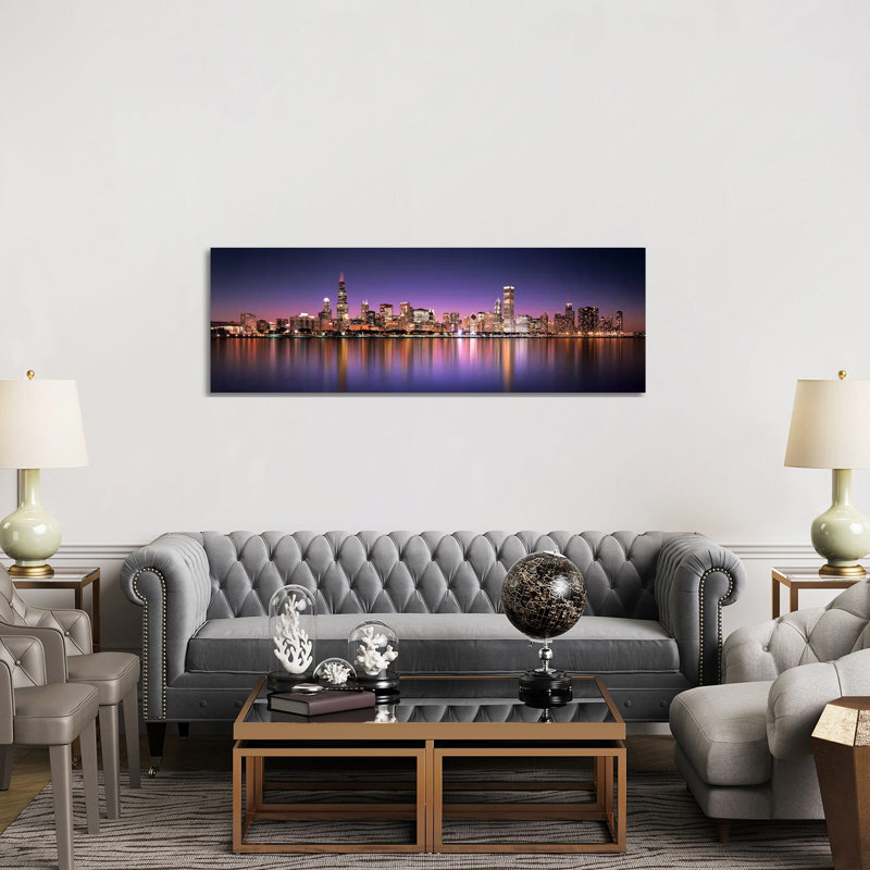 Reflection of Skyscrapers in A Lake, Lake Michigan, Digital Composite, Chicago, Cook County, Illinois, Usa 1 Piece Wrapped Canvas Panoramic Wall Art