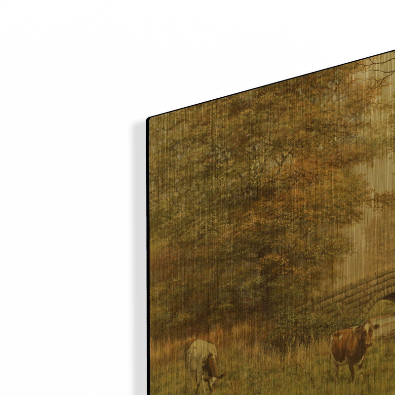 « Vaches près du pont », tableau mural en métal doré de Bill Makinson, 40,6 x 30,5 cm, 16 po x 12 po
