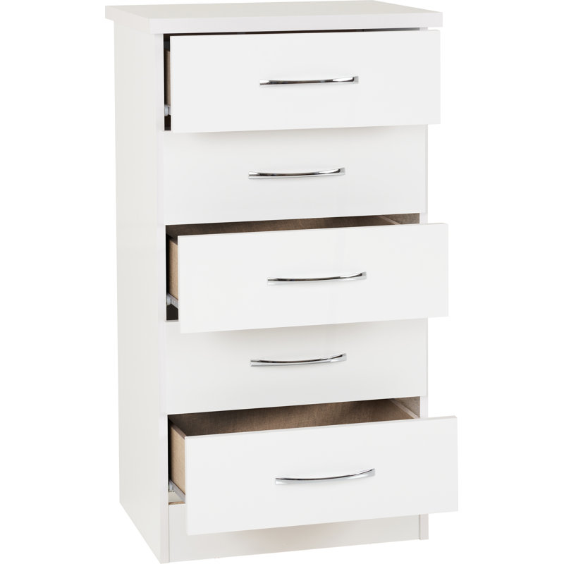 Kosie 5 Drawer Narrow Chest, White Gloss