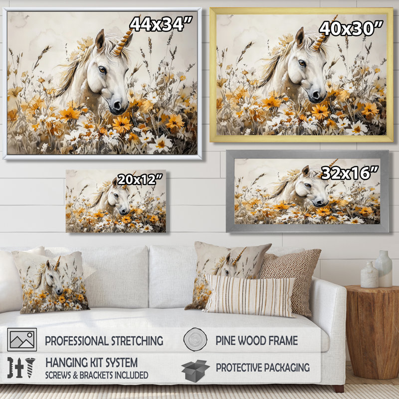 Décoration murale licorne dans la prairie fleurie I - licornes, H 12 po x l 20 po, Noir