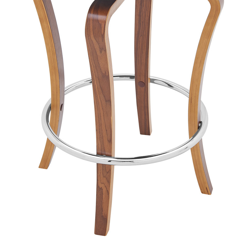 Brookson Swivel Counter or Bar Height Bar Stool with Open Back in Faux Leather, and Walnut Wood, Gray
