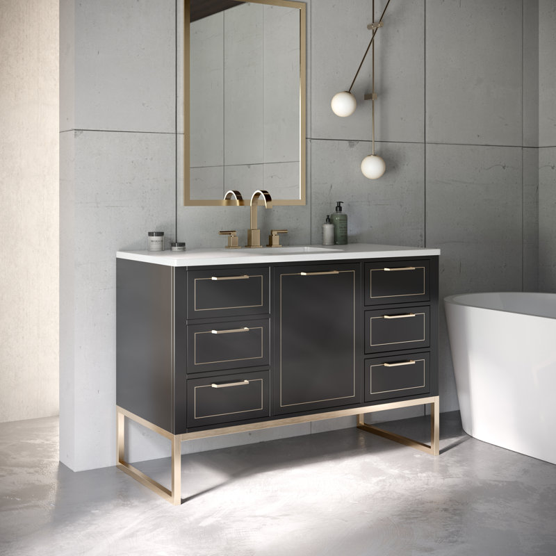 Markham 48'' W Single Vanity, Midnight Black, White Quartz, Satin Brass
