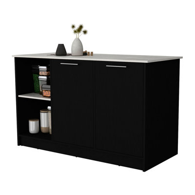 Spacious Kitchen Island In Black And , Improve Efficiency Storage Options Rectangular Grey, Offer Ample