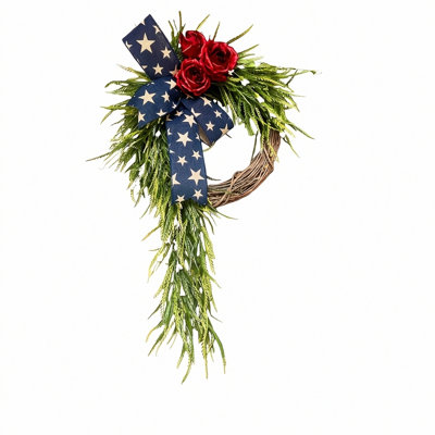 15.7" Patriotic Half Wreath with Star Bow & Red Roses for 4th of July Decor