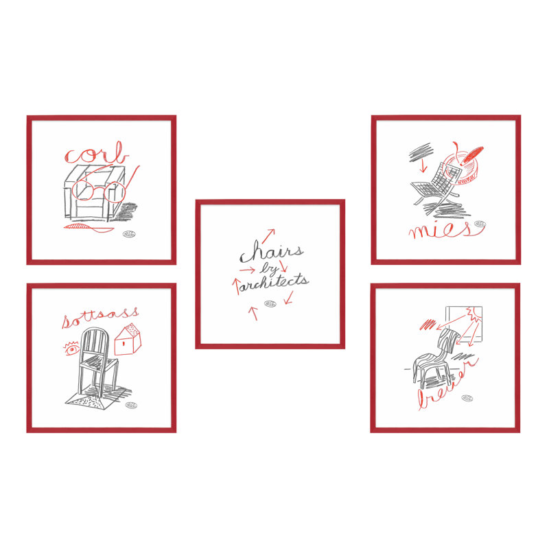 Chaises. Ensemble de 5 encadrés par Jeff Jackson, L 20 po x H 20 po, Papier avec cadre unique rouge
