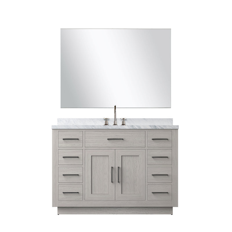Ensemble de meuble-lavabo simple 48 "avec miroir, Marbre de Carrare blanc, Chêne blanc