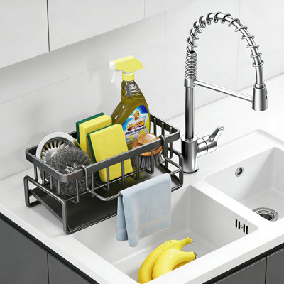 Self-Draining Sponge Holder For Kitchen Sink, Rustproof Steel Sink Caddy Organizer With Removable Dishcloth Rack And Soap Dispenser Storage