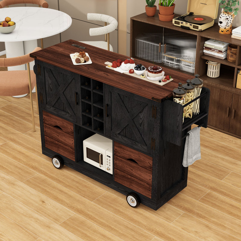 Chariot pour îlot de cuisine roulant avec abattant, prise de courant, tablettes réglables et 2 tiroirs de rangement, Noir