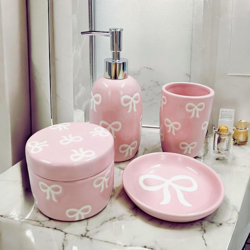 Ensemble d'accessoires de salle de bain en céramique 4 pièces - Distributeur de savon