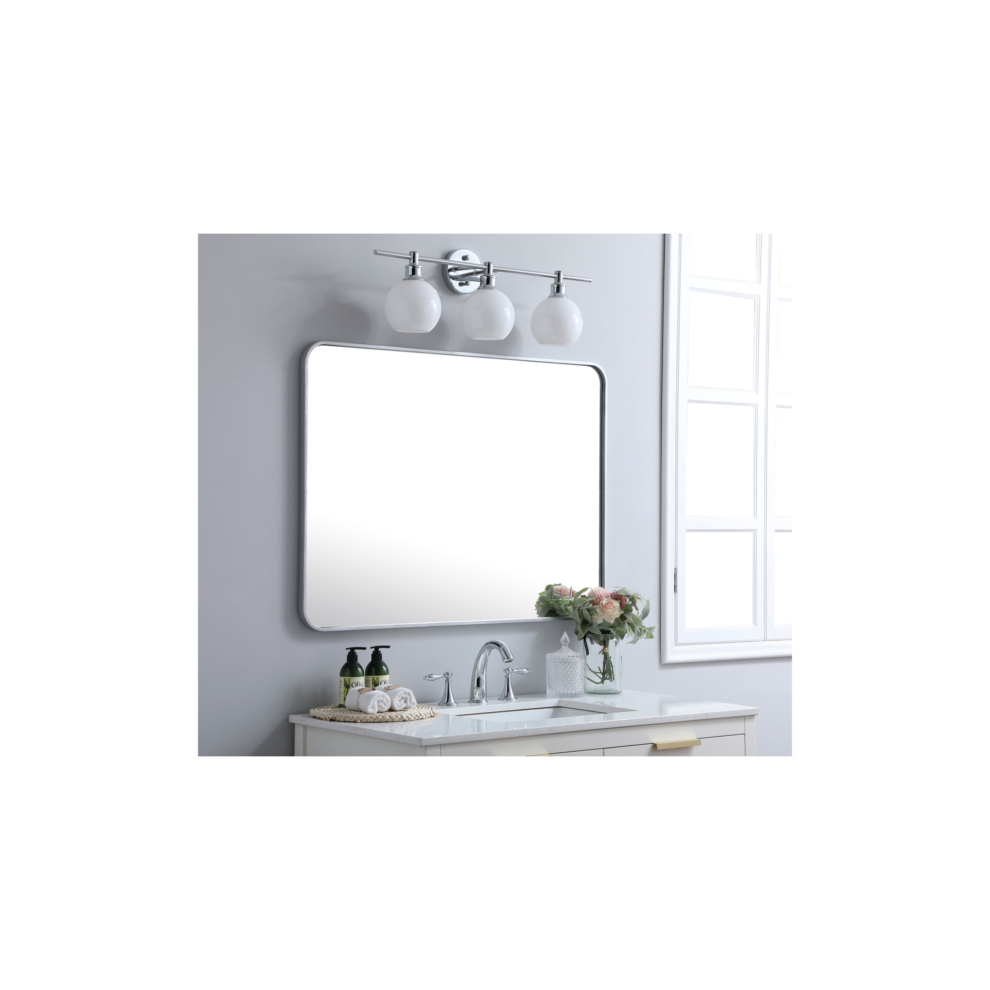 Sabine Metal Rounded Rectangle Wall Mirror, 40" x 30", Silver