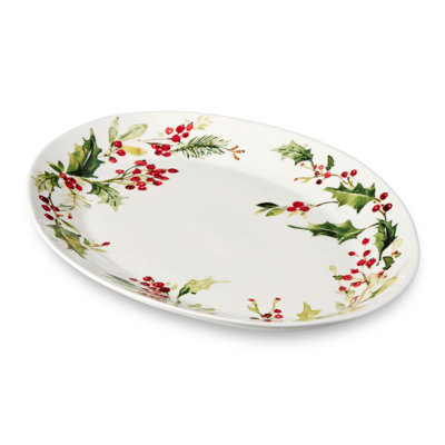 Holly and Vines Oval Platter, Stoneware Holiday Serving Platter for Roasts, Turkey, Appetizers, and Holiday Desserts, Microwave & Dishwasher Safe Christmas Tableware for Entertaining & Gifting