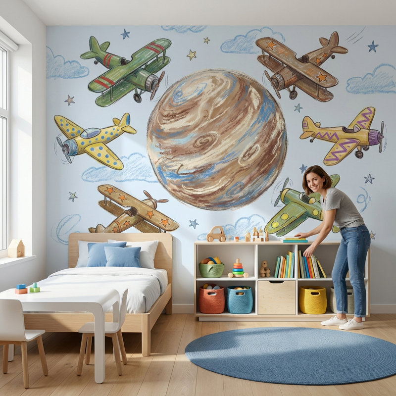 Papier peint planète fantaisiste Space Airplanes, 100 po x 96 po, Peler et coller
