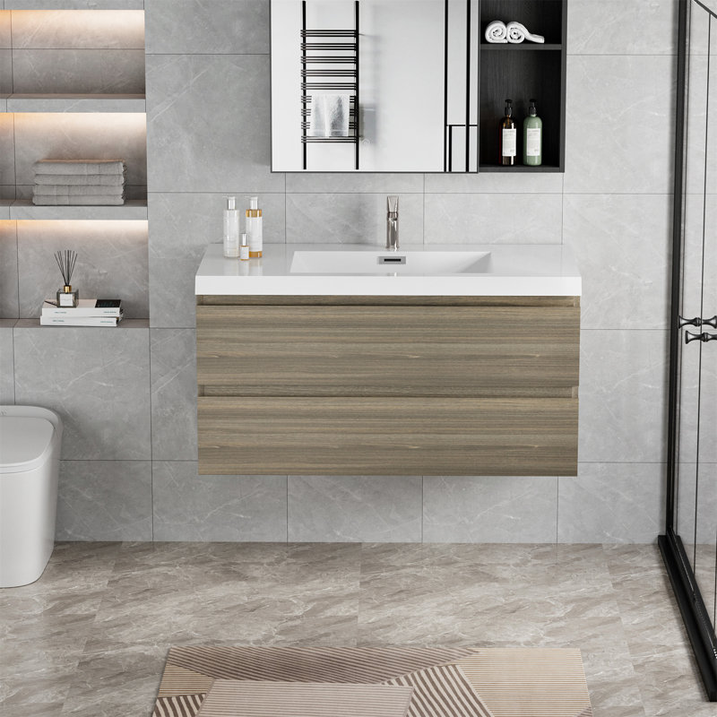 42" Wall-Mounted Bathroom Vanity Cabinet with Top Basin and Soft Close Drawers, Ash Grey