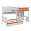 Lit superposé simple au-dessus d'un lit double en bois avec bureau, tiroirs, tablettes et lumière DEL