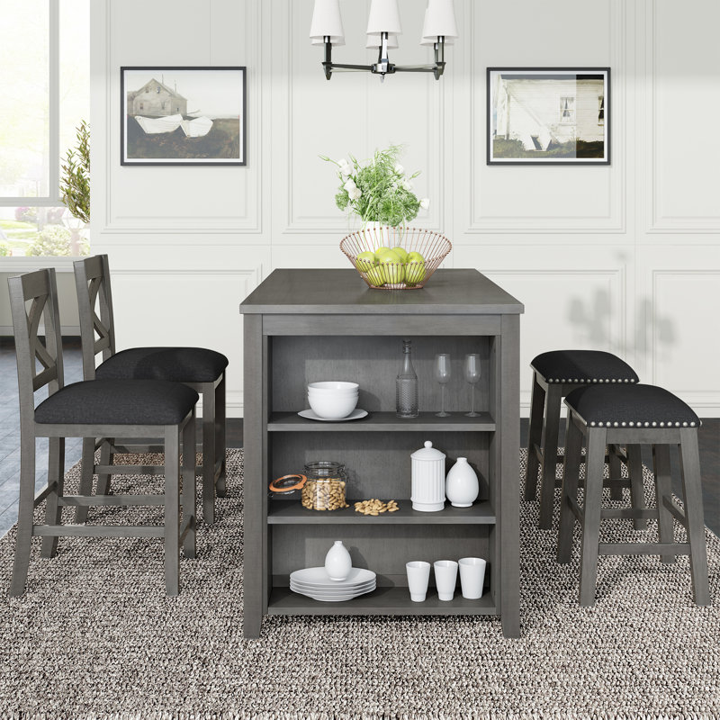 Ensemble de 5 tables de bar en bois à hauteur de comptoir avec 2 tabourets et 2 chaises, blanc, Gris, Gris, Gris