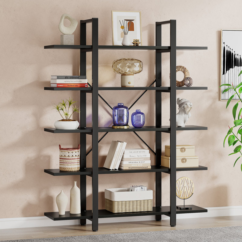 Industrial Black 72-Inch 5-Tier Metal and MDF Bookshelf