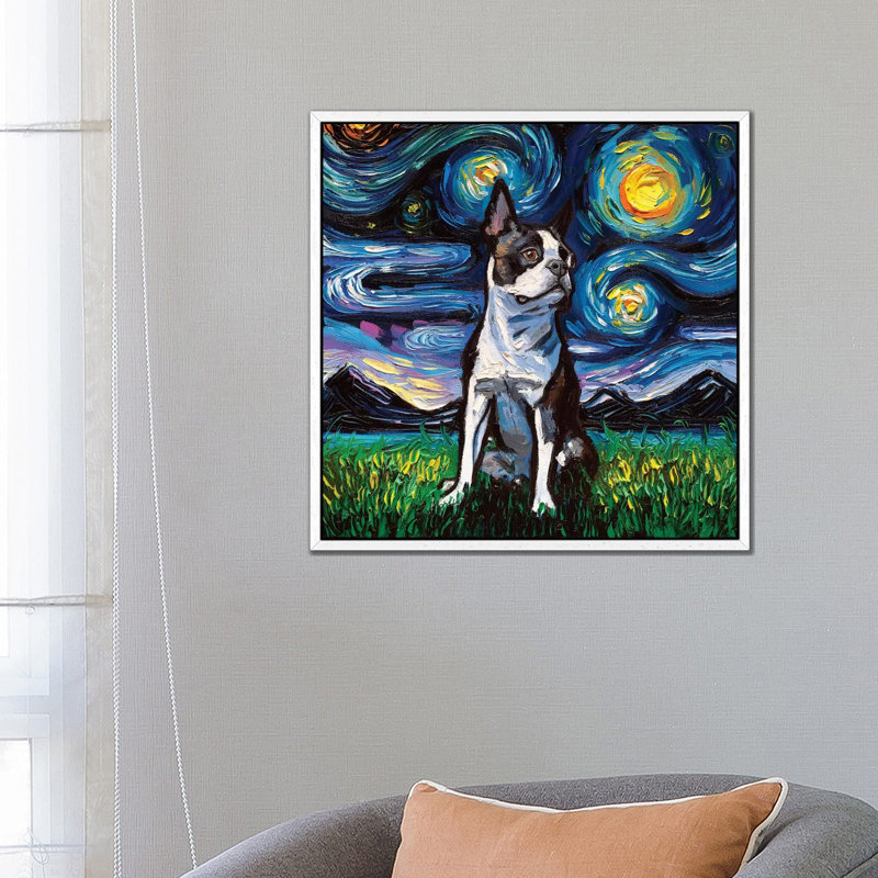 Boston Terrier Night II by Aja Trier - Painting on Canvas, White Framed Canvas, 66.04 cm H x 66.04 cm W