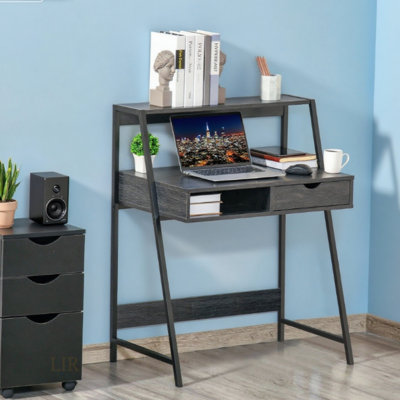 Bureau compact à domicile avec rangement et tablette de présentation, parfait pour les petits espaces et une organisation efficace.