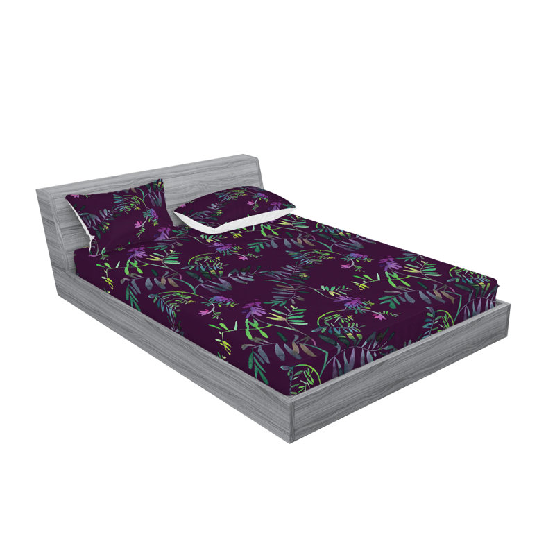 Drap-housse et taies décoratives 3 pièces Ambesonne, Prune et fuchsia / motif floral vert