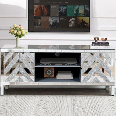 Mirrored TV Stand Mirror Doors with Open Storage and Storage Cabinets