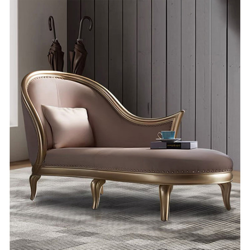Chaise longue en bois massif et en cuir, de style luxueux et lumineux, pour chambre et salon., Face à la gauche