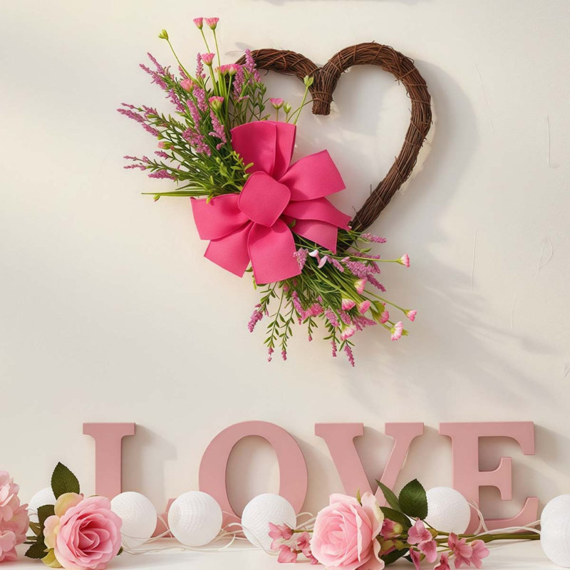 Couronne décorative en forme de cœur artificiel 17,7 pouces printemps été, Rose