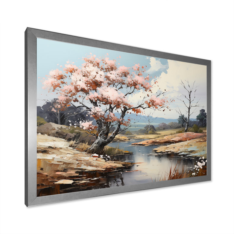 «Pink Trees Blooming In Country Charm», reproduction sur toile, Cadre simple argenté, H 24 po x l 32 po x P 1 po