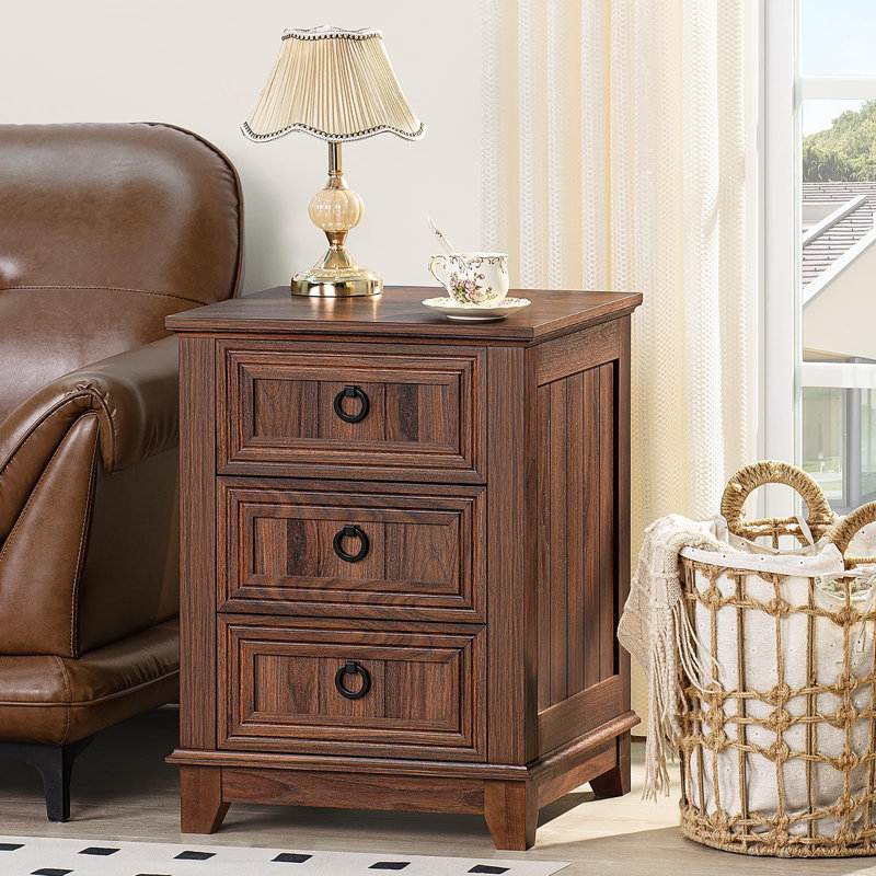 18" Farmhouse Night Stand with 3 Drawers, Brown