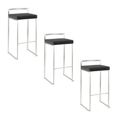 Tabouret de bar empilable contemporain de 76 cm (30 po) en acier inoxydable avec coussin en velours noir - Ensemble de 3