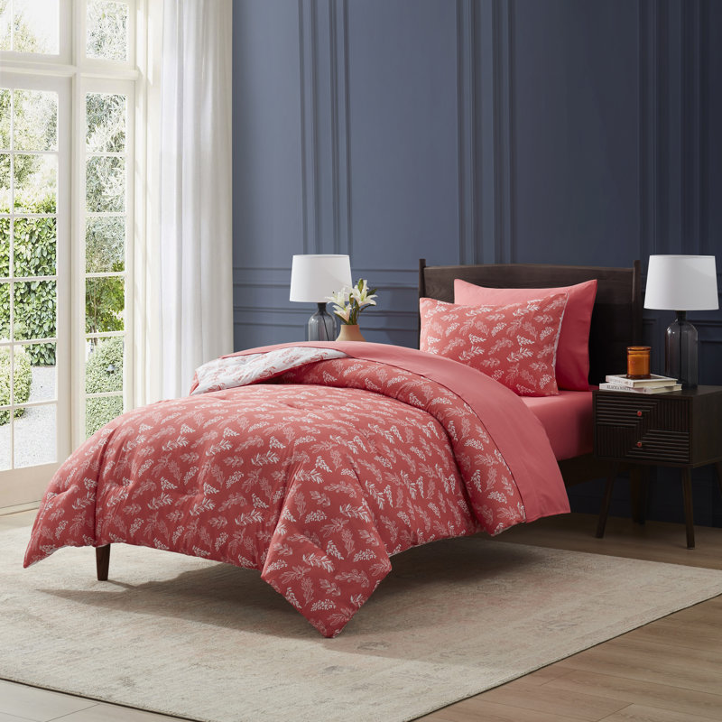 Nestl Botanical Bed in a Bag 5 piece Comforter Set with Sheets & Pillow Shams, Flamingo Pink/Cloudstone