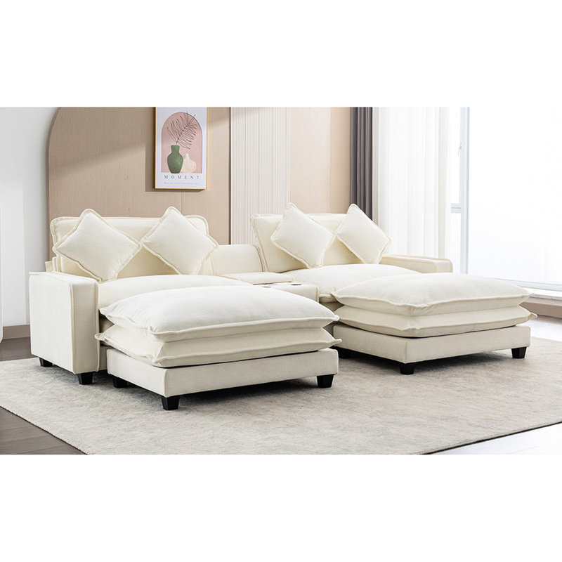 Beige 111" With Two Removable Ottomans, Double Cushion Design, Ports, Cup Holders, Large Storage Box And 4 Pillows, Fabric Sectional Storage, Ottomans Breathable Chenille Material