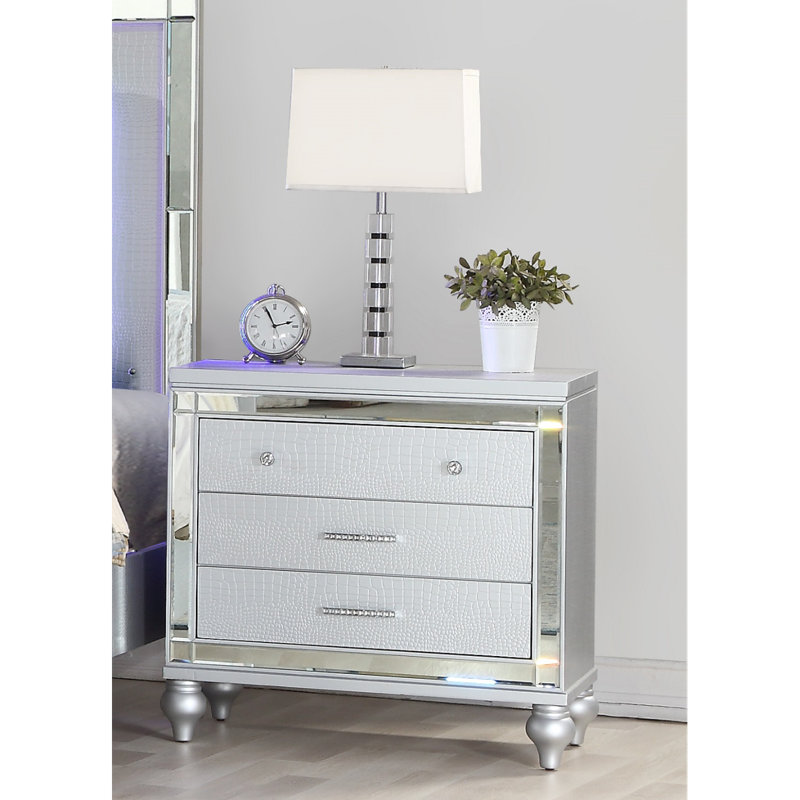 Modern Style Mirror Framed 3-Drawer Nightstand Made With Wood In Silver
