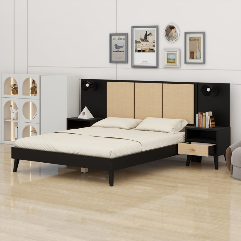 Solid Wood Bed Frame With Nightstands, Elegant Design With Lamps, Rattan And Wood Combination, Black