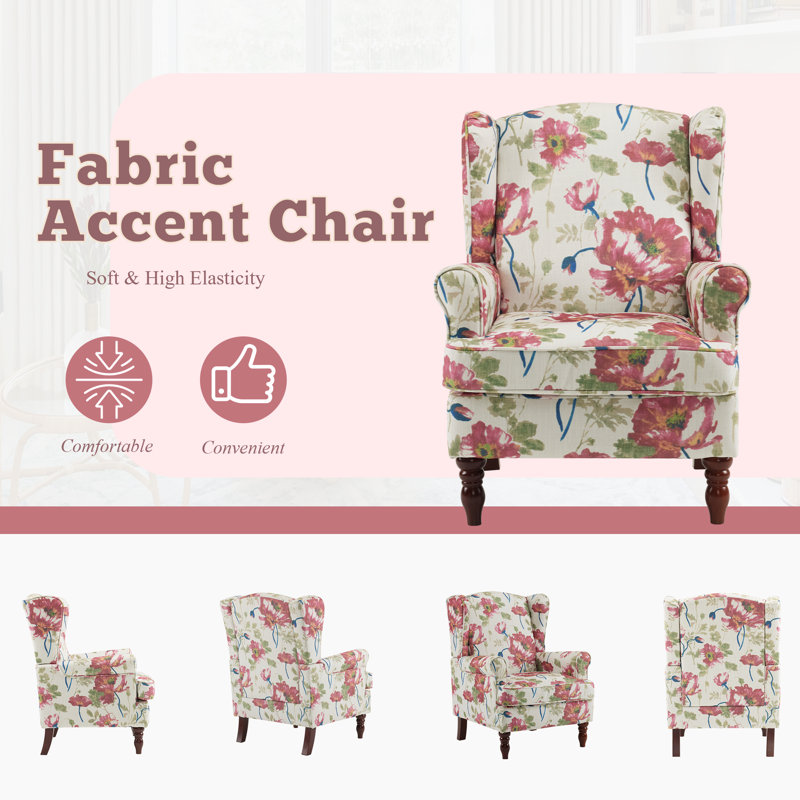 Upholstered Linen Accent Armchair With Solid Wood Leg, White/Green/Red Floral