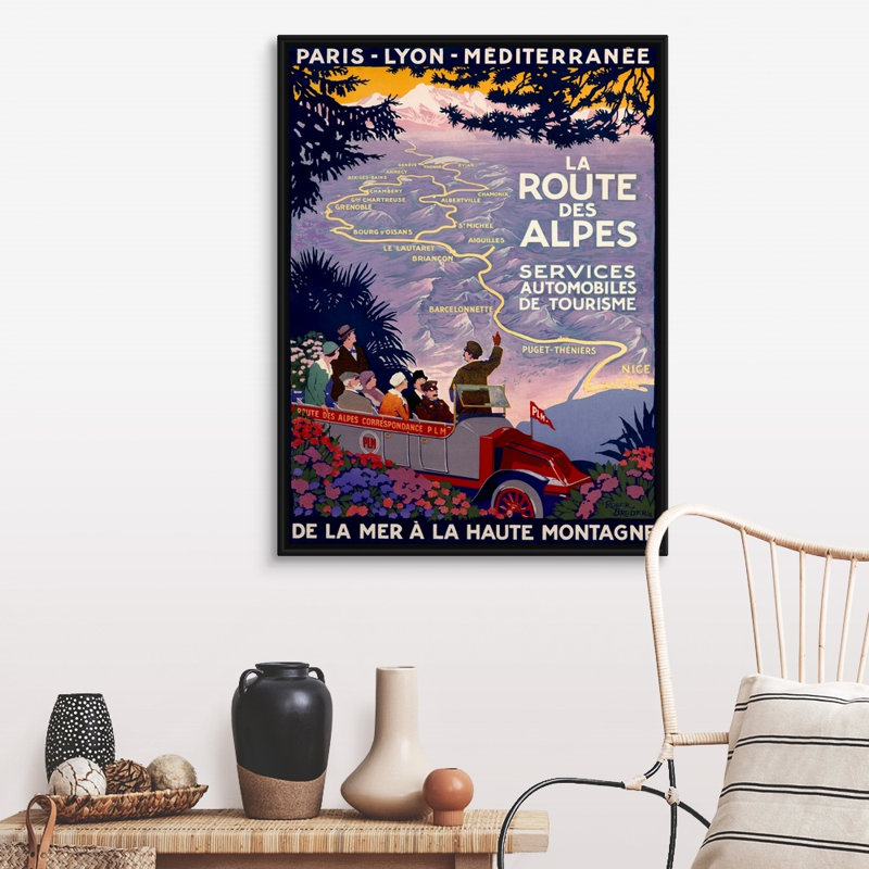 «La Route des Alpes», affiche rétro par Roger Broders, reproduction d'art sur toile encadrée par Roger Broders, Cadre noir