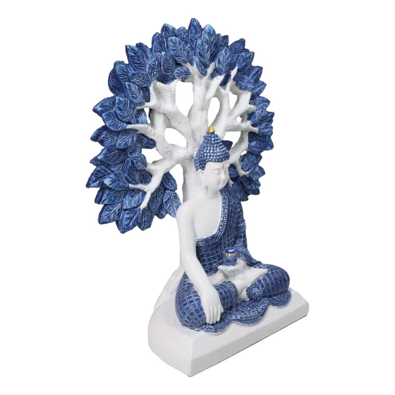 Figurine de Bouddha méditant avec arbre de vie bleu et blanc Gautama Bouddha H 9,5 po