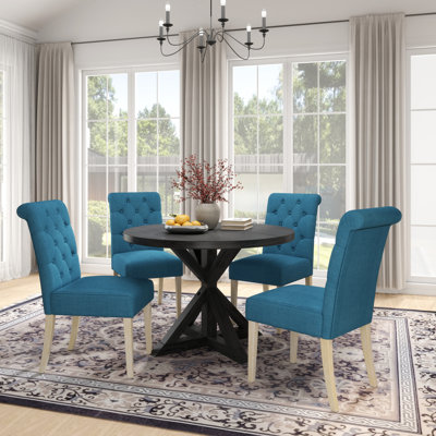 August GroveCoit 5-Piece Dining Set, Cross-Buck Round Table With 4 Tufted Chairs