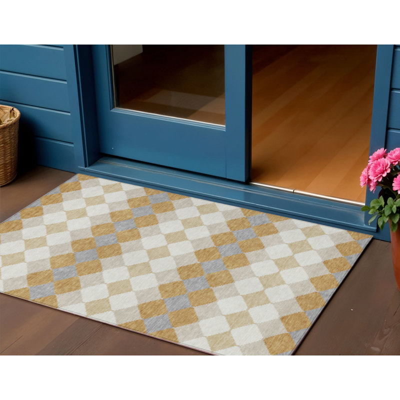 Tapis extérieur lavable à motif géométrique cuivre doré et ivoire 3 pi x 5 pi