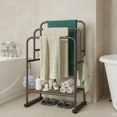 Three-Tier Tall Metal Towel Rack With 4 Detachable Hooks + Shelf. Smooth Material. Suitable For Outdoor Use In Pools And Bathrooms. Freestanding Towel And Blanket Drying Rack.