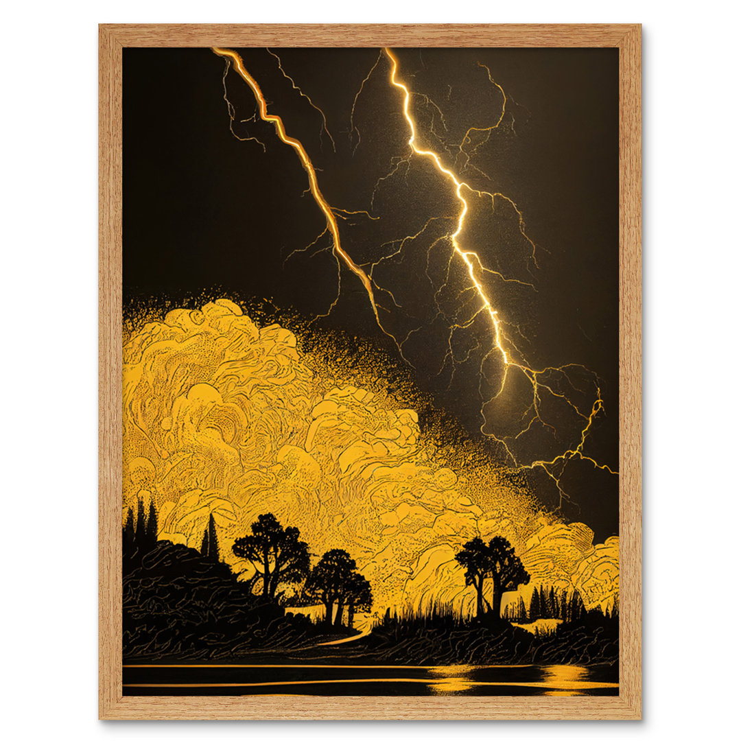 Thunder Storm Lightning Lakeside Tree Silhouette - Print