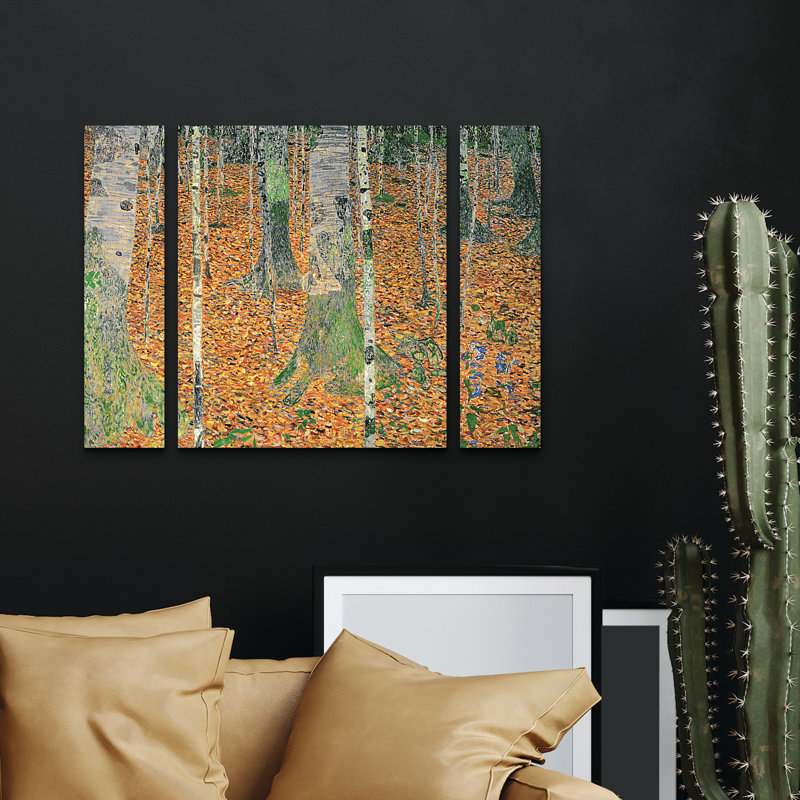 Ensemble de 3 panneaux muraux - Gustav Klimt «The Birch Wood», art mural sur toile pour le salon, la chambre à coucher ou le bureau 