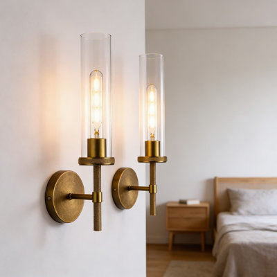 Set Of 2 Antique Gold Wall Sconces With LED Bulbs, Solid Brass Hardwired Fixtures For Bathroom Vanity And Ambient Lighting, 18 Inch Height