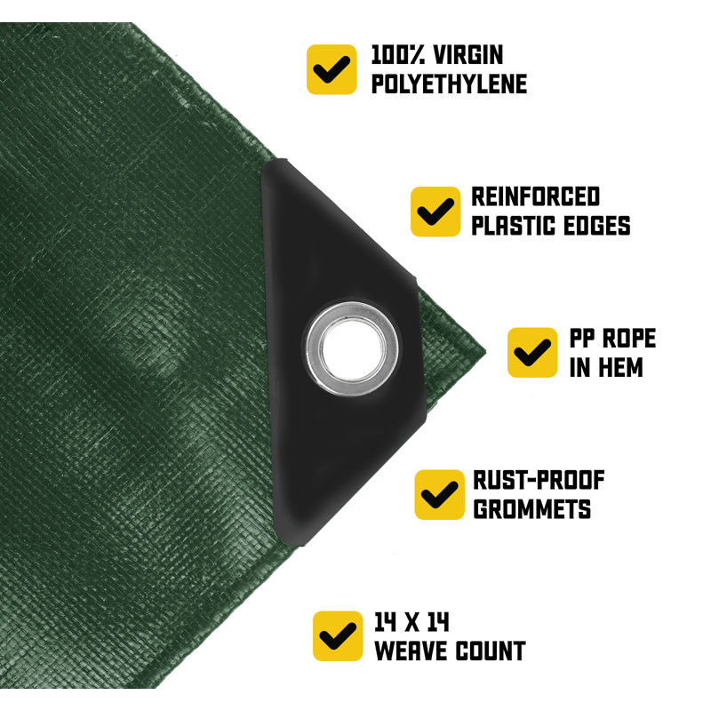 Bâche en polyéthylène robuste de 10 mil, imperméable, résistante aux rayons UV, Vert / noir, 20 pi x 20 pi