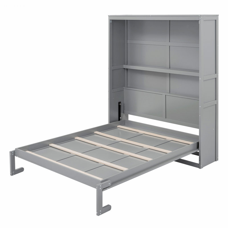 Lit élégant pour appartement, chambre d'amis, lit plateforme, lit escamotable avec tablettes, Grand lit, Gris
