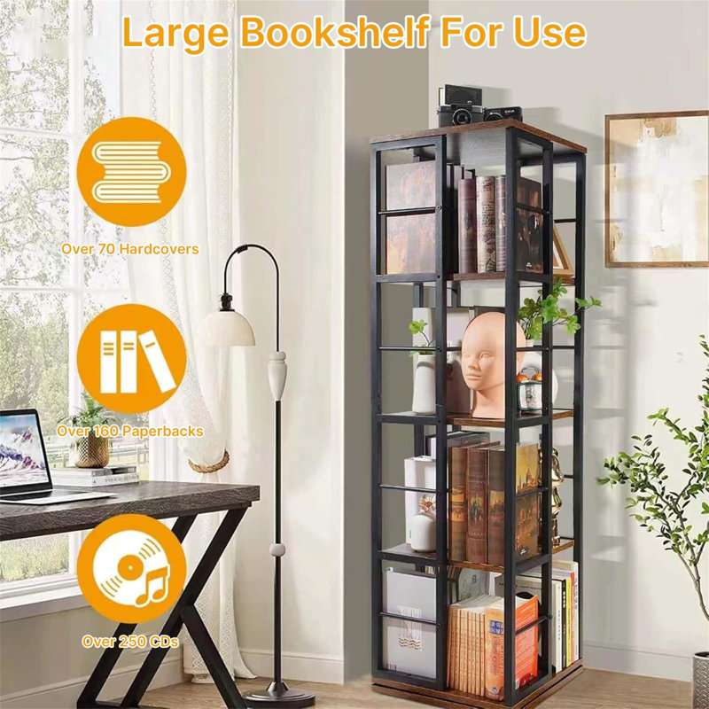 5 Tiers Rotating Bookshelf, Corner Bookcase, 360 Display Wood Spinning Bookshelf