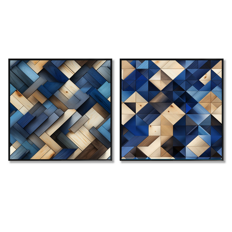 Crescencia - Ensemble de 2 collages carrés à formes abstraites, Cadre flottant noir, H 16 po x l 33 po